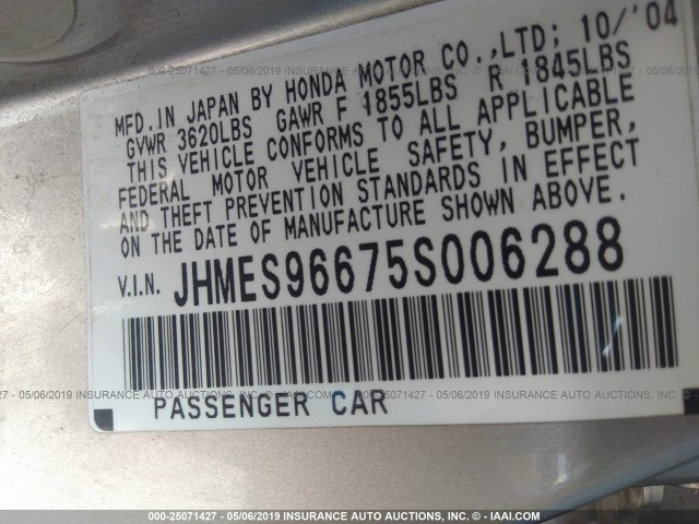 JHMES96675S006288 - 2005 HONDA CIVIC HYBRID GOLD photo 9