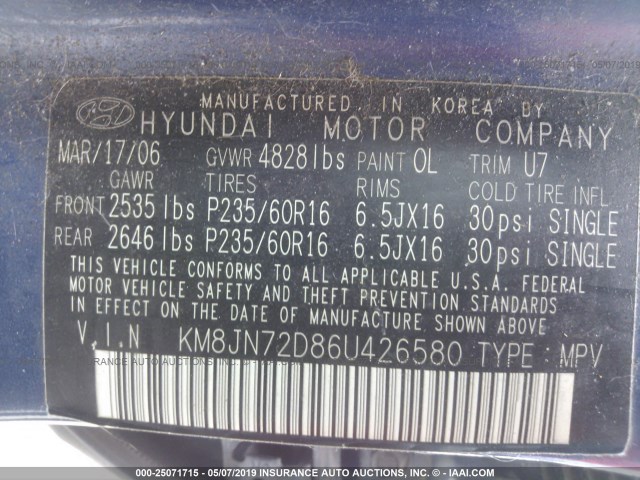 KM8JN72D86U426580 - 2006 HYUNDAI TUCSON GLS/LIMITED 蓝色 照片 9