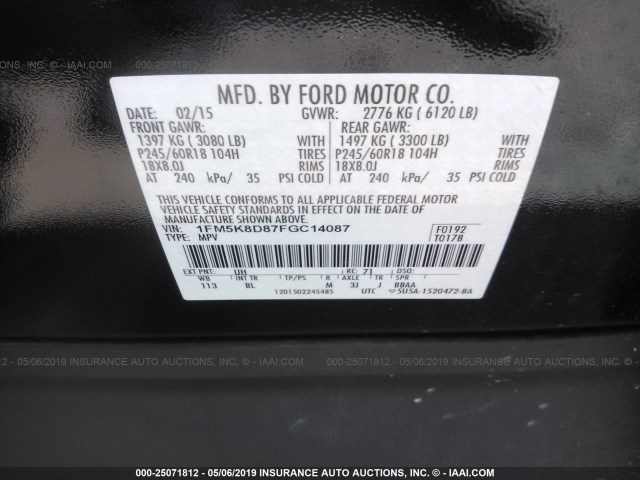 1FM5K8D87FGC14087 - 2015 FORD EXPLORER XLT BLACK photo 9