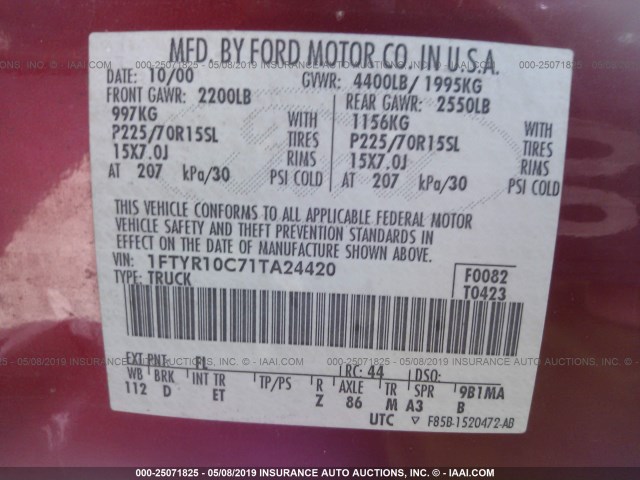 1FTYR10C71TA24420 - 2001 FORD RANGER RED photo 9