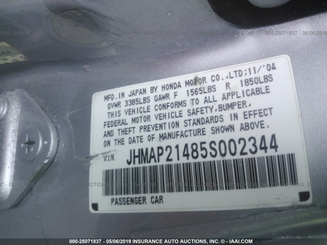 JHMAP21485S002344 - 2005 HONDA S2000 SILVER photo 9