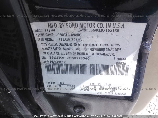 1FAFP38391W173560 - 2001 FORD FOCUS ZTS BLUE photo 9