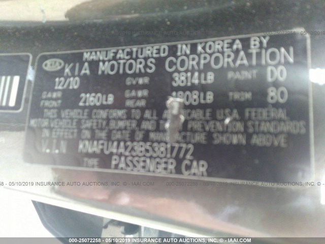 KNAFU4A23B5381772 - 2011 KIA FORTE EX BROWN photo 9