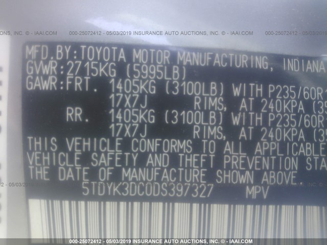 5TDYK3DC0DS397327 - 2013 TOYOTA SIENNA XLE/LIMITED GRAY photo 9