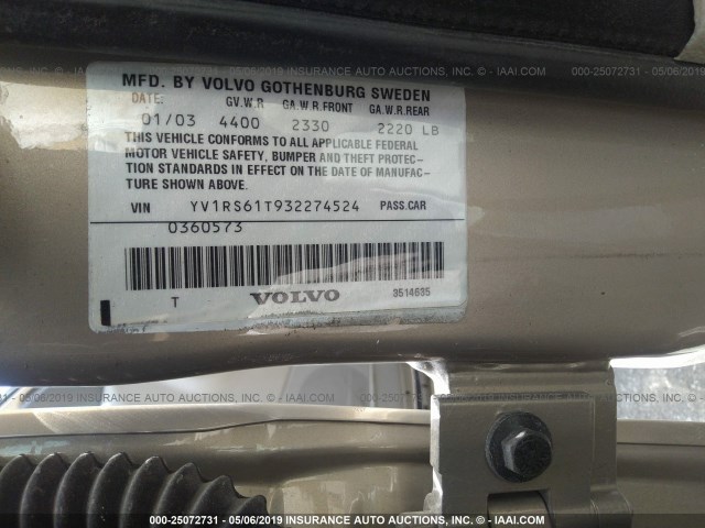 YV1RS61T932274524 - 2003 VOLVO S60 GOLD photo 9