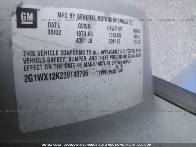 2G1WX12K239149796 - 2003 CHEVROLET MONTE CARLO SS ტალღისფერი ფოტო 9