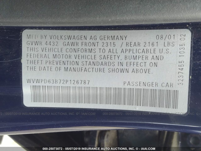 WVWPD63B72P126787 - 2002 VOLKSWAGEN PASSAT GLS BLUE photo 9