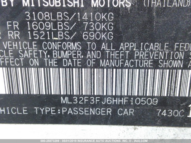 ML32F3FJ6HHF10509 - 2017 MITSUBISHI MIRAGE G4 ES თეთრი ფოტო 9