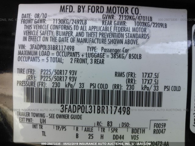 3FADP0L31BR117498 - 2011 FORD FUSION HYBRID BLACK photo 9