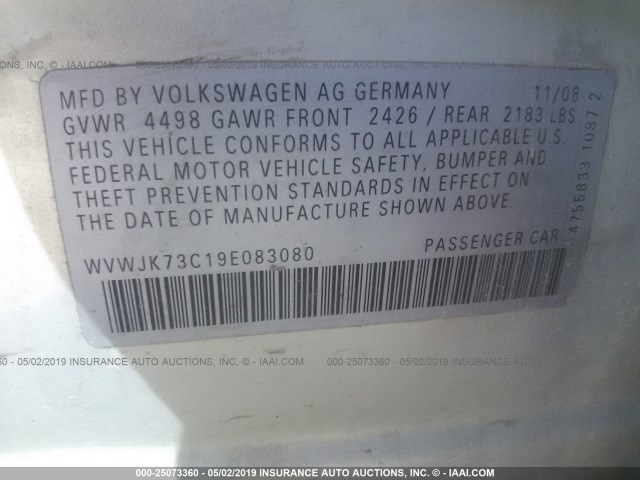 WVWJK73C19E083080 - 2009 VOLKSWAGEN PASSAT TURBO SILVER photo 9