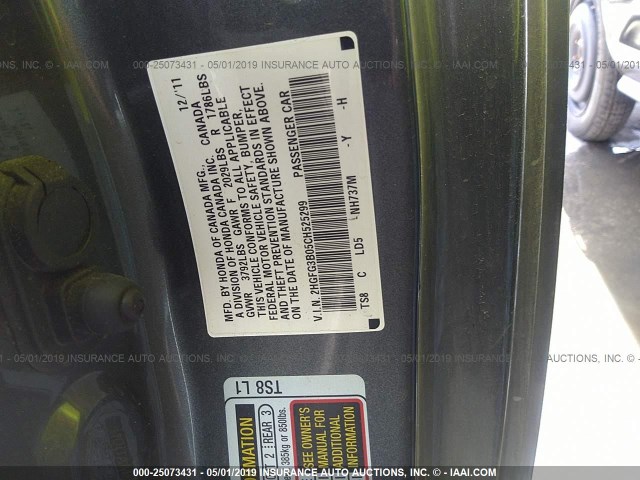 2HGFG3B05CH525299 - 2012 HONDA CIVIC EXL GRAY photo 9