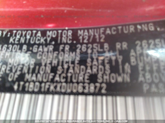 4T1BD1FKXDU063872 - 2013 TOYOTA CAMRY HYBRID/LE/XLE RED photo 9