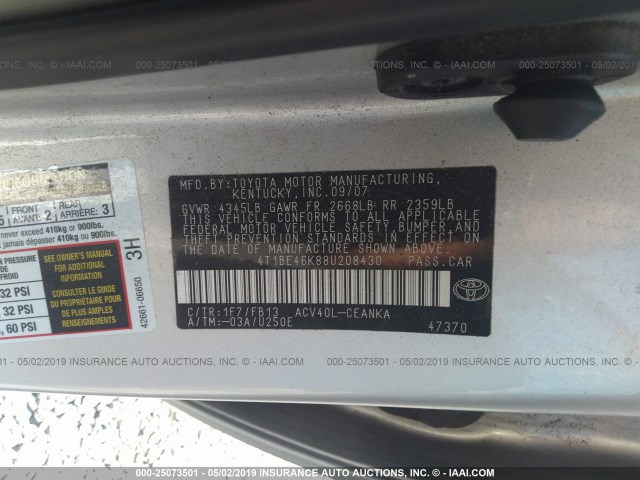 4T1BE46K88U208430 - 2008 TOYOTA CAMRY CE/LE/XLE/SE 银色 照片 9