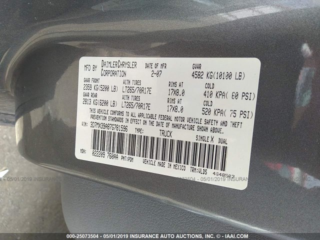 3D7MX39A87G781596 - 2007 DODGE RAM 3500 GRAY photo 9