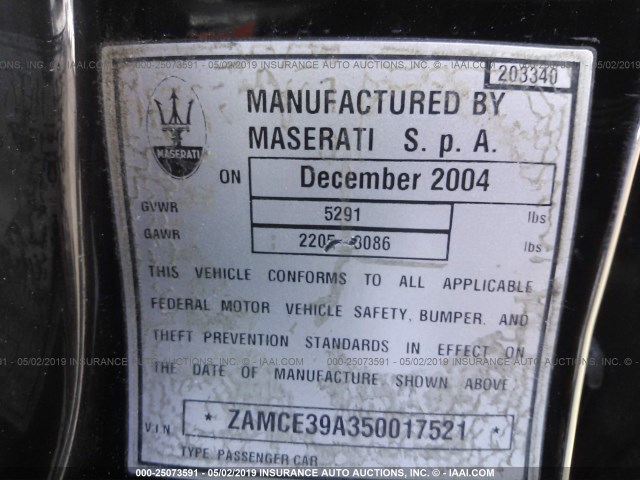 ZAMCE39A350017521 - 2005 MASERATI QUATTROPORTE  BLACK photo 9