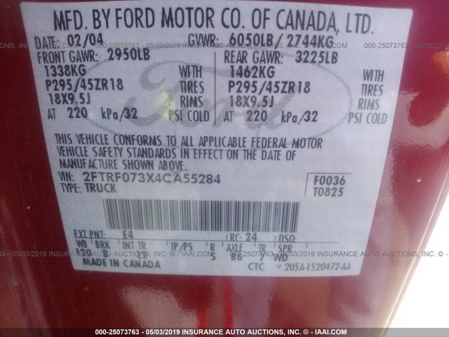 2FTRF073X4CA55284 - 2004 FORD F150 SVT LIGHTNING RED photo 9