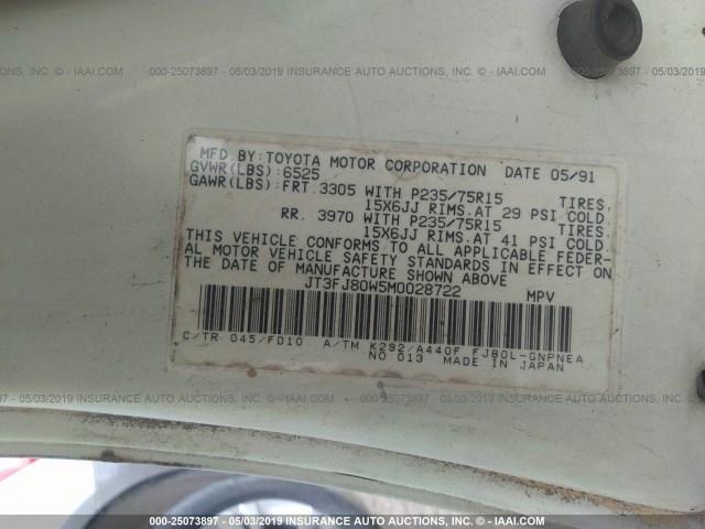 JT3FJ80W5M0028722 - 1991 TOYOTA LAND CRUISER FJ80 WHITE photo 9