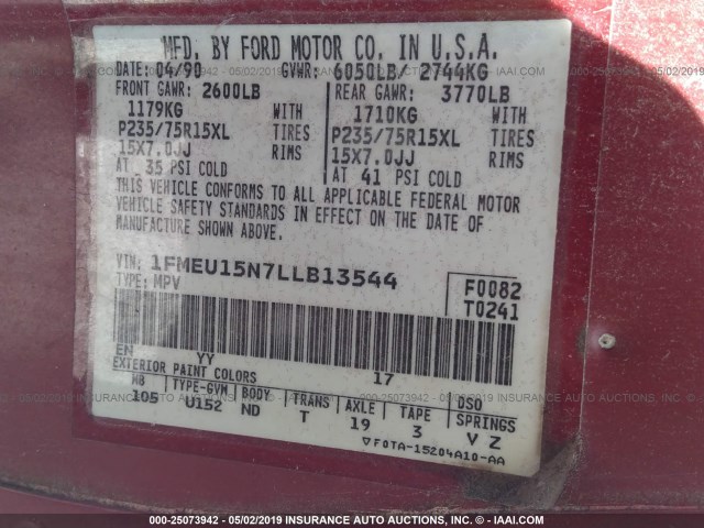 1FMEU15N7LLB13544 - 1990 FORD BRONCO U100 RED photo 9