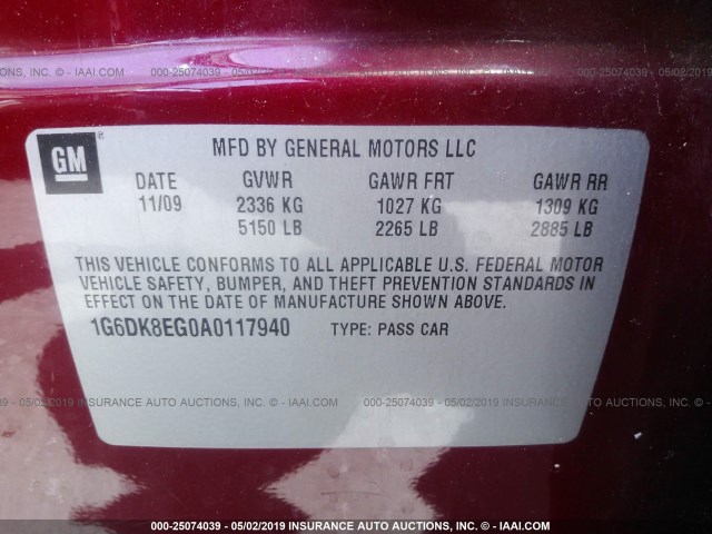 1G6DK8EG0A0117940 - 2010 CADILLAC CTS PERFORMANCE COLLECTION RED photo 9