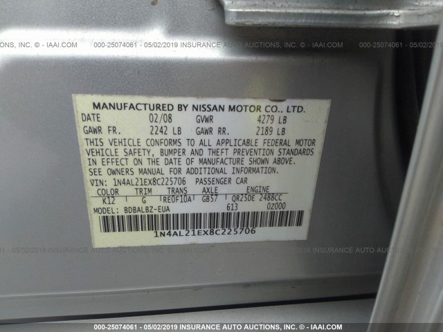 1N4AL21EX8C225706 - 2008 NISSAN ALTIMA 2.5/2.5S SILVER photo 9