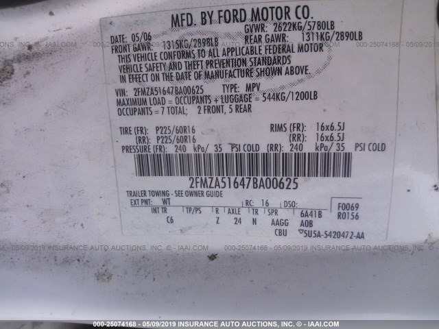 2FMZA51647BA00625 - 2007 FORD FREESTAR SE WHITE photo 9