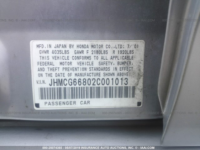 JHMCG66802C001013 - 2002 HONDA ACCORD EX/SE SILVER photo 9