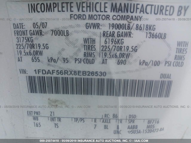 1FDAF56RX8EB26530 - 2008 FORD F550 SUPER DUTY WHITE photo 9