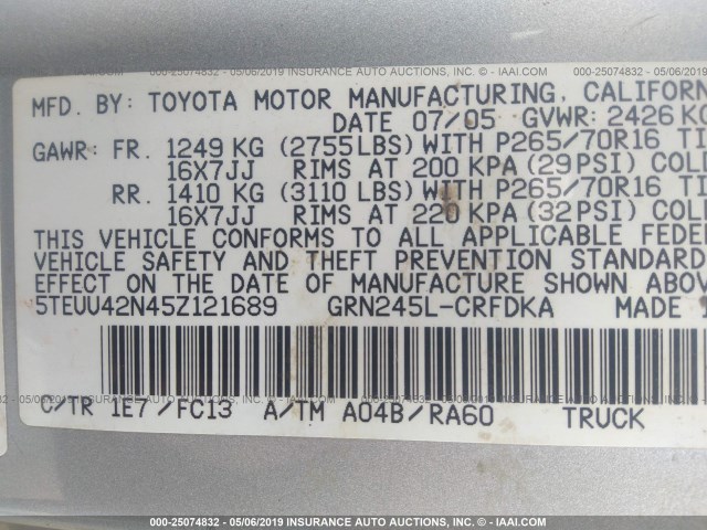 5TEUU42N45Z121689 - 2005 TOYOTA TACOMA ACCESS CAB ვერცხლისფერი ფოტო 9