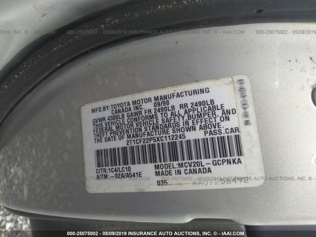 2T1CF22P5XC112245 - 1999 TOYOTA CAMRY SOLARA SE/SLE SILVER photo 9