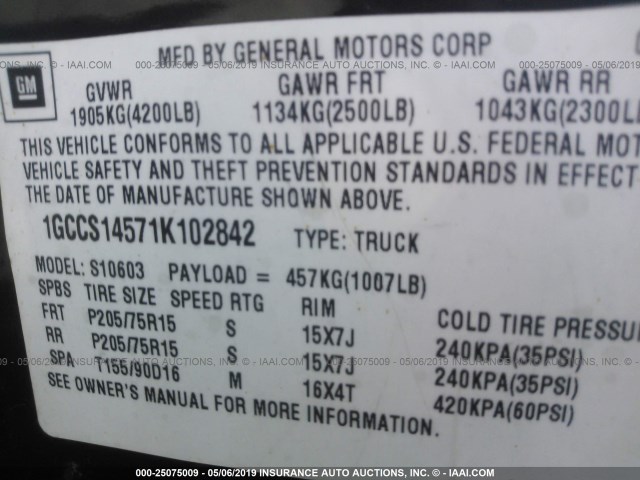 1GCCS14571K102842 - 2001 CHEVROLET S TRUCK S10 BLACK photo 9
