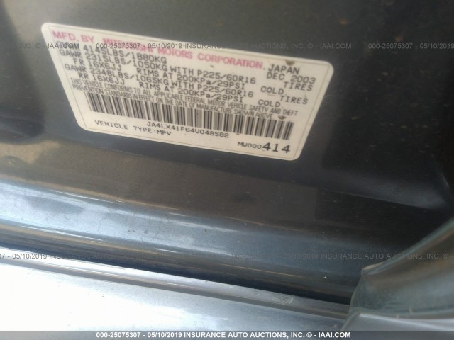 JA4LX41F64U048582 - 2004 MITSUBISHI OUTLANDER XLS GRAY photo 9