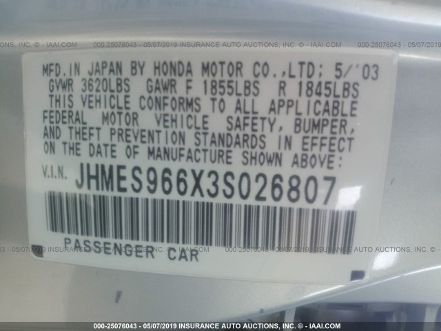 JHMES966X3S026807 - 2003 HONDA CIVIC HYBRID SILVER photo 9