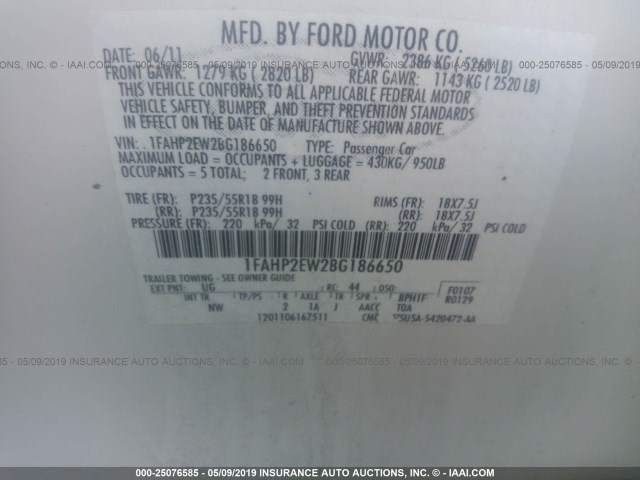 1FAHP2EW2BG186650 - 2011 FORD TAURUS SEL WHITE photo 9