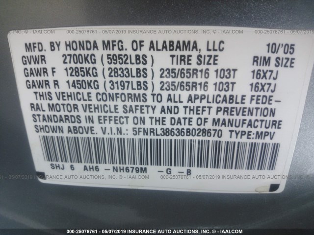 5FNRL38636B028670 - 2006 HONDA ODYSSEY EXL Light Blue photo 9