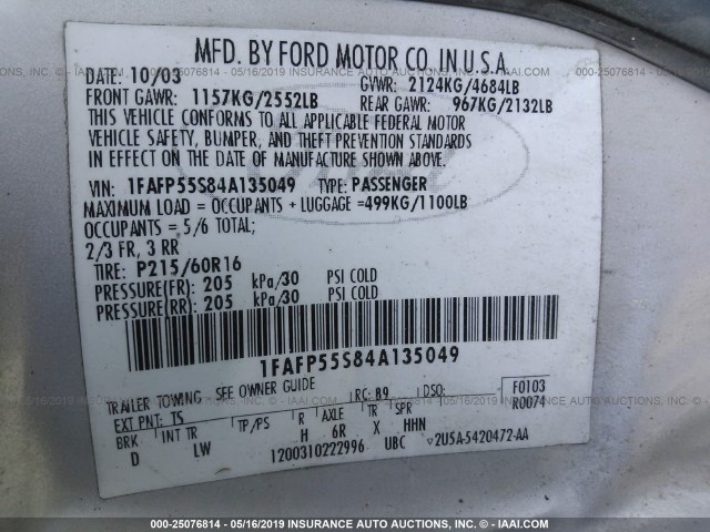 1FAFP55S84A135049 - 2004 FORD TAURUS SES SILVER photo 9