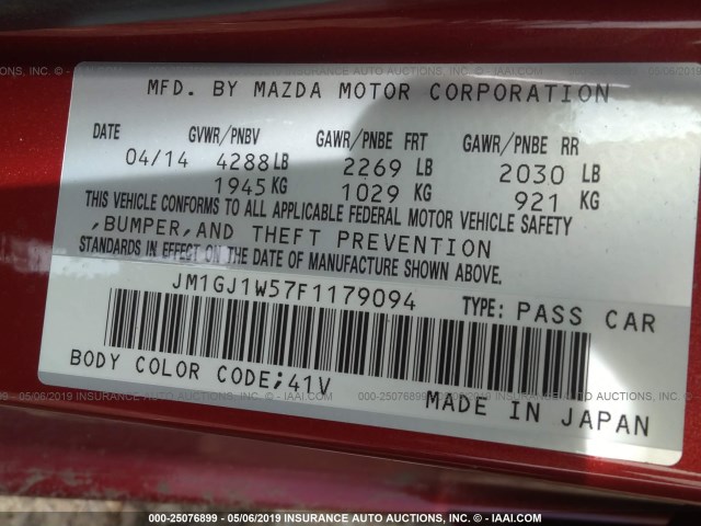 JM1GJ1W57F1179094 - 2015 MAZDA 6 GRAND TOURING RED photo 9