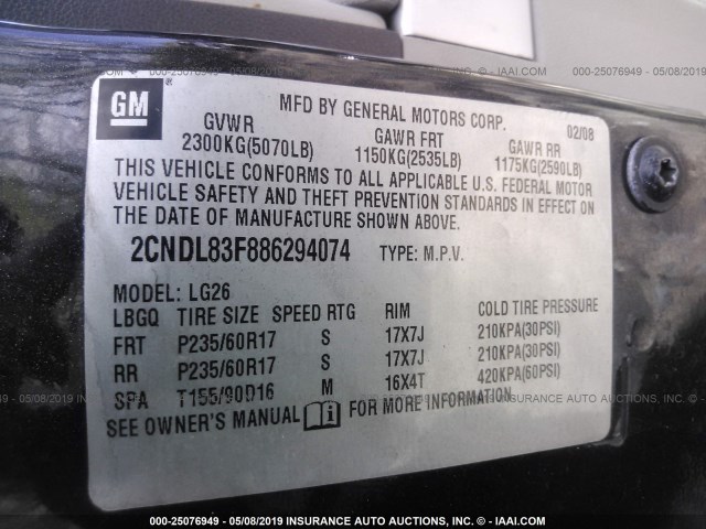 2CNDL83F886294074 - 2008 CHEVROLET EQUINOX LTZ შავი ფოტო 9