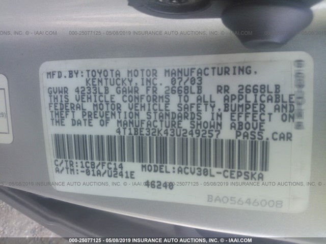 4T1BE32K43U249257 - 2003 TOYOTA CAMRY LE/XLE/SE SILVER photo 9