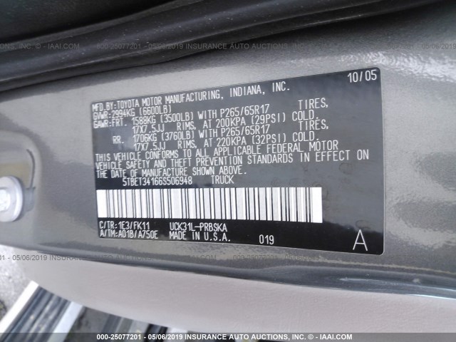 5TBET34166S506948 - 2006 TOYOTA TUNDRA DOUBLE CAB SR5 GRAY photo 9