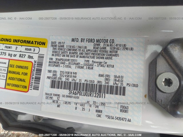 3FA6P0LU0JR132011 - 2018 FORD FUSION SE HYBRID WHITE photo 9