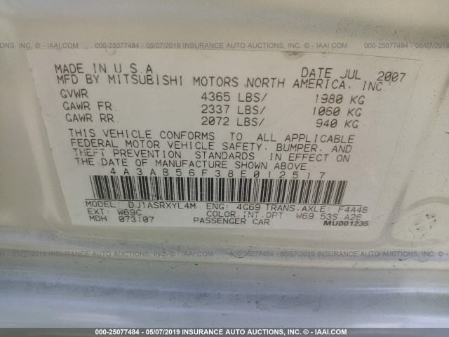 4A3AB56F38E012517 - 2008 MITSUBISHI GALANT ES PREMIUM WHITE photo 9