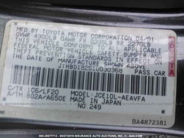 JTHBD182610030368 - 2001 LEXUS IS 300 BLACK photo 9