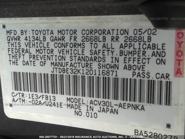 JTDBE32K120116871 - 2002 TOYOTA CAMRY LE/XLE/SE GRAY photo 9