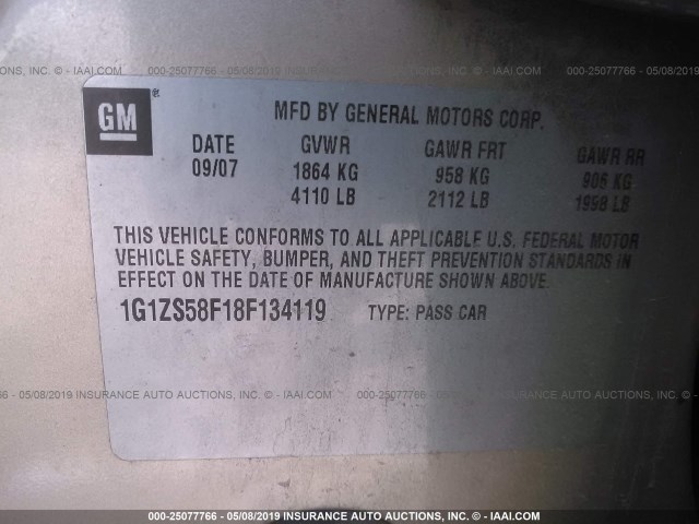 1G1ZS58F18F134119 - 2008 CHEVROLET MALIBU LS GOLD photo 9