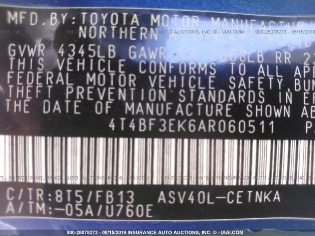 4T4BF3EK6AR060511 - 2010 TOYOTA CAMRY SE/LE/XLE BLUE photo 9