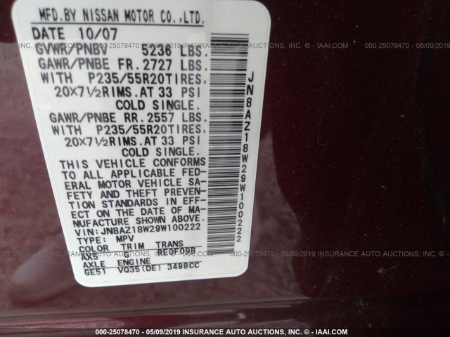 JN8AZ18W29W100222 - 2009 NISSAN MURANO S/SL/LE MAROON photo 9