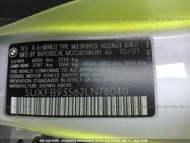 5UXFB93562LN78040 - 2002 BMW X5 4.6IS SILVER photo 9