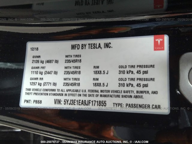 5YJ3E1EA9JF171855 - 2018 TESLA MODEL 3 BLACK photo 9