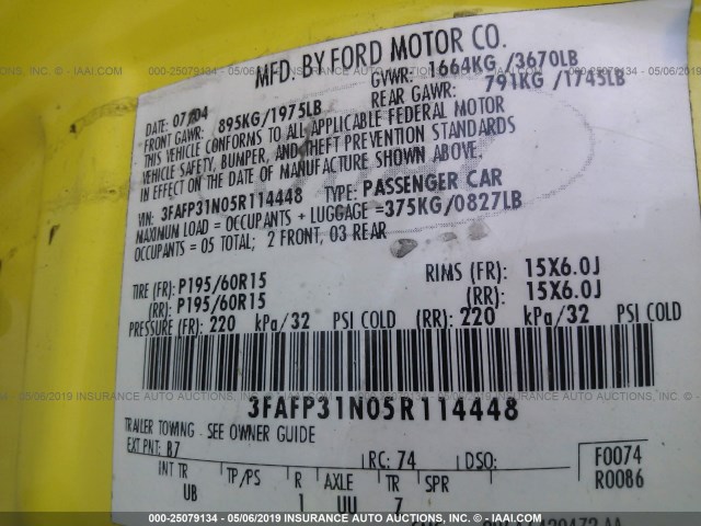 3FAFP31N05R114448 - 2005 FORD FOCUS ZX3 YELLOW photo 9