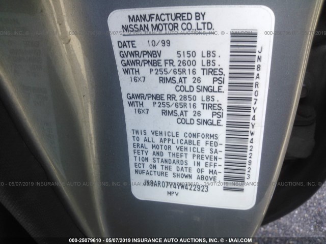 JN8AR07Y4YW422923 - 2000 NISSAN PATHFINDER LE/SE/XE SILVER photo 9